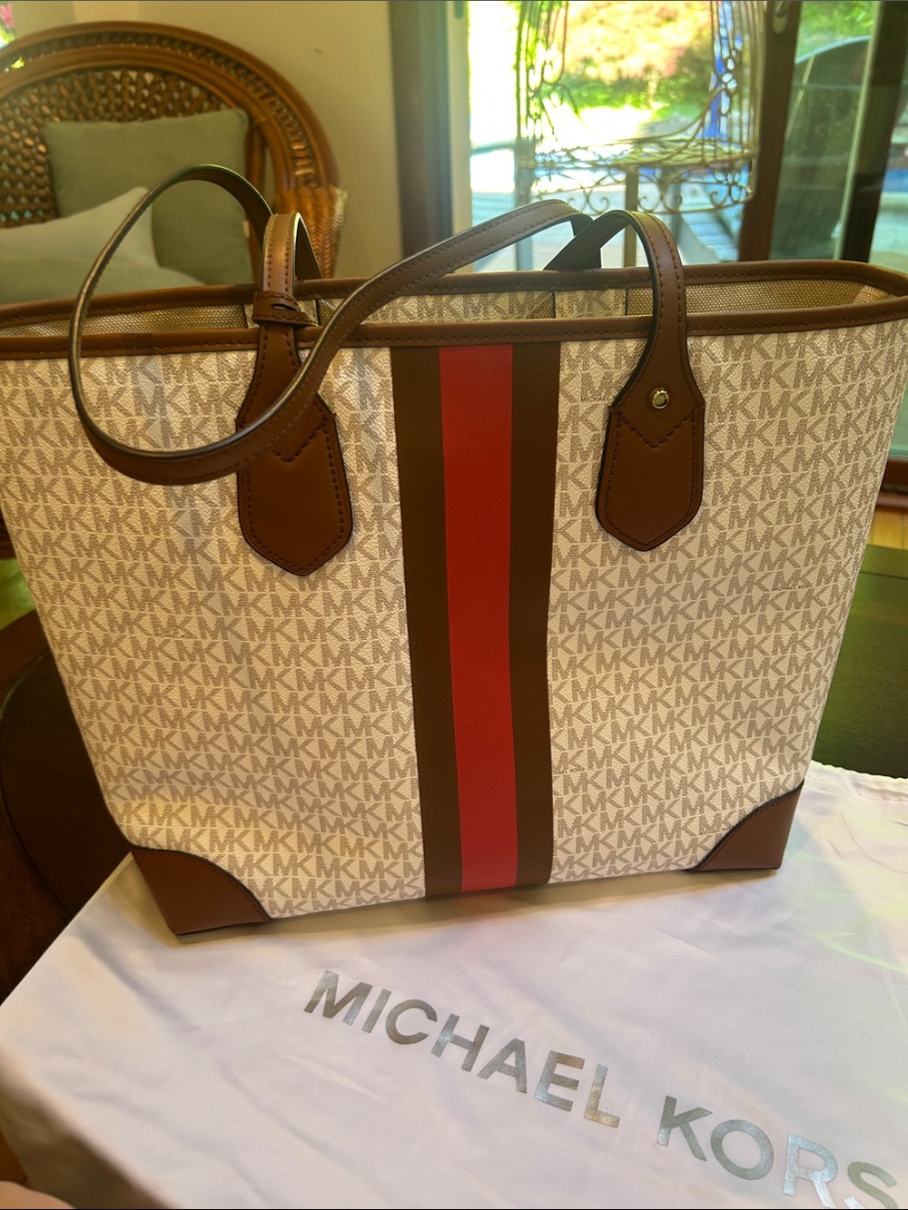 Michael Kors Cream Signature Tote with Brown Trim and Red/pinkCenter Stripe - Picture 2 of 4